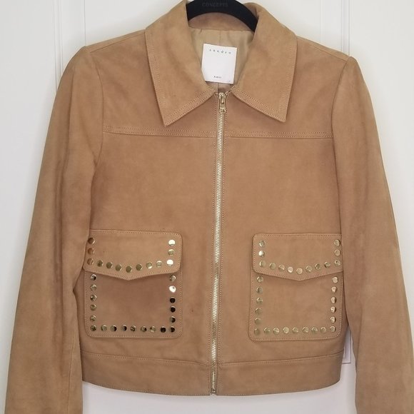 Sandro Paris Tan Patriote Studded Pockets Suede Leather Jacket Size 2 or Medium - Picture 4 of 11